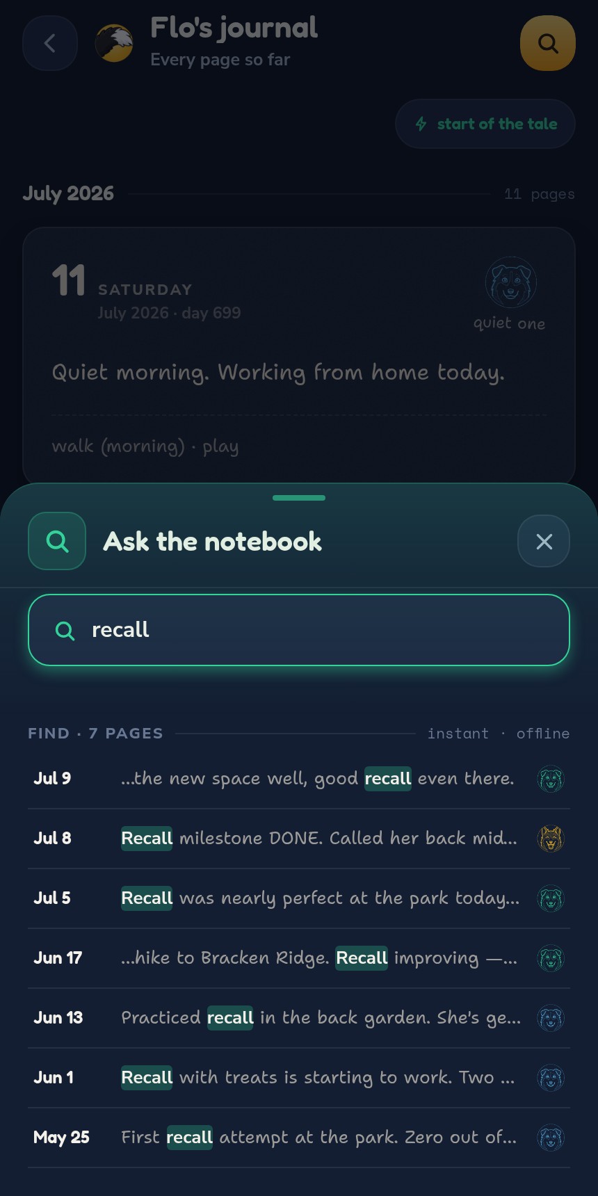 Ask the notebook — find any moment in your pup's history