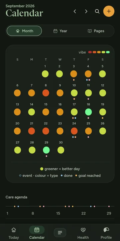 The calendar: her month, each day coloured by how it went