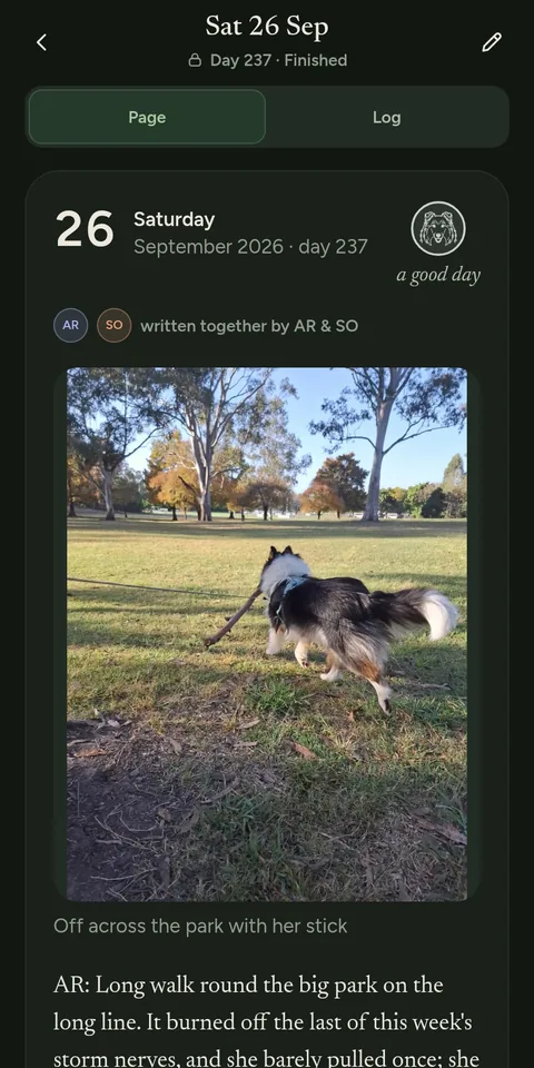 A day’s page, written together by two of the household, with her photo from the park