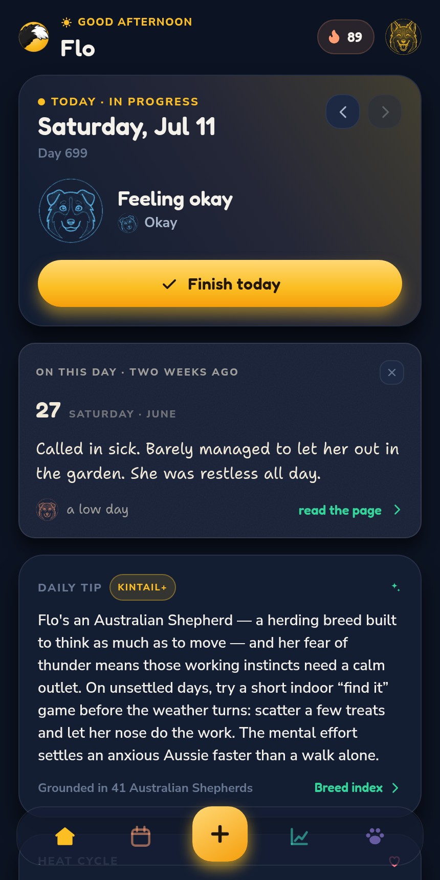 The Kintail home screen — today's check-in for Flo