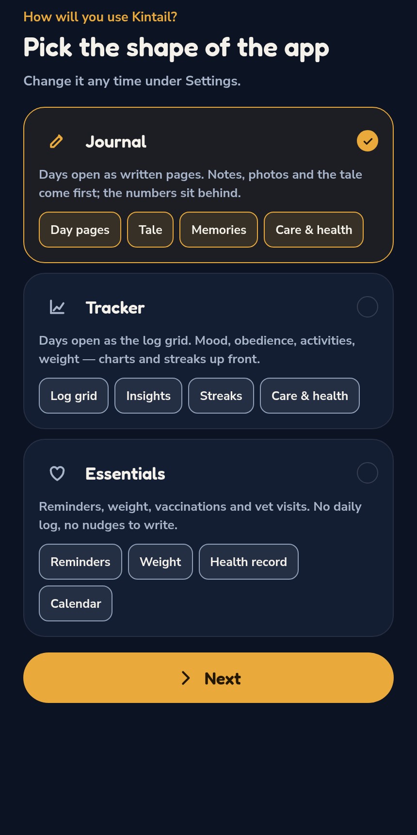 Pick the shape of the app — Journal, Tracker or Essentials
